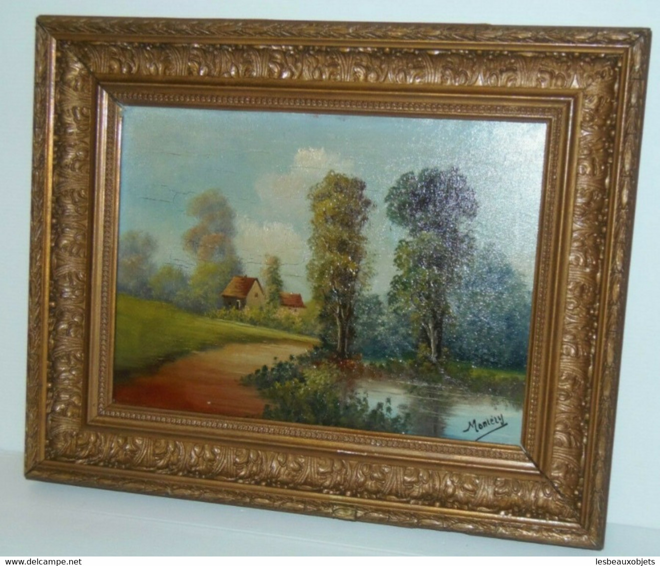 PEINTURE TABLEAU HUILE SUR TOILE HST PAYSAGE Signé MONIERY ( Barbizon ) Cadre Bois Doré 1900 COLLECTION DECO VITRINE - Olii