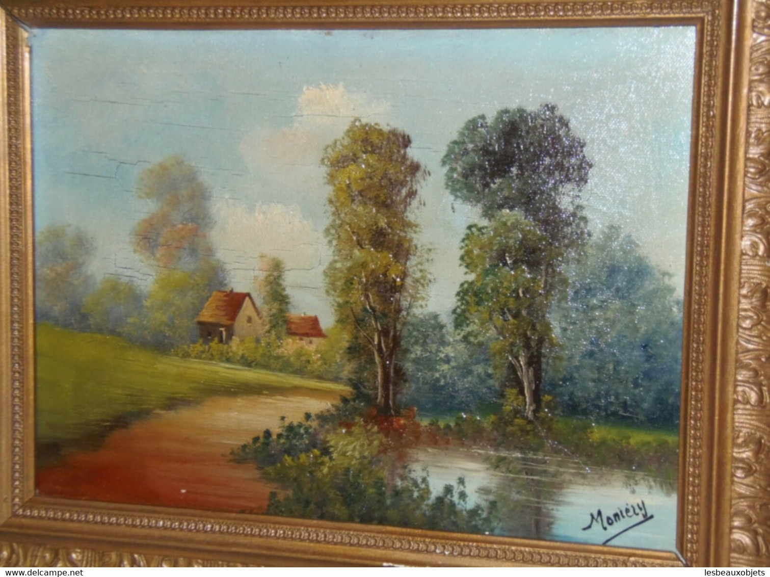 PEINTURE TABLEAU HUILE SUR TOILE HST PAYSAGE Signé MONIERY ( Barbizon ) Cadre Bois Doré 1900 COLLECTION DECO VITRINE - Olii