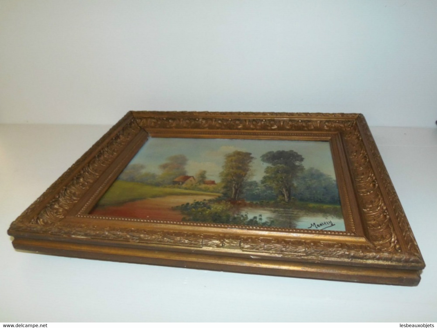 PEINTURE TABLEAU HUILE SUR TOILE HST PAYSAGE Signé MONIERY ( Barbizon ) Cadre Bois Doré 1900 COLLECTION DECO VITRINE - Olii