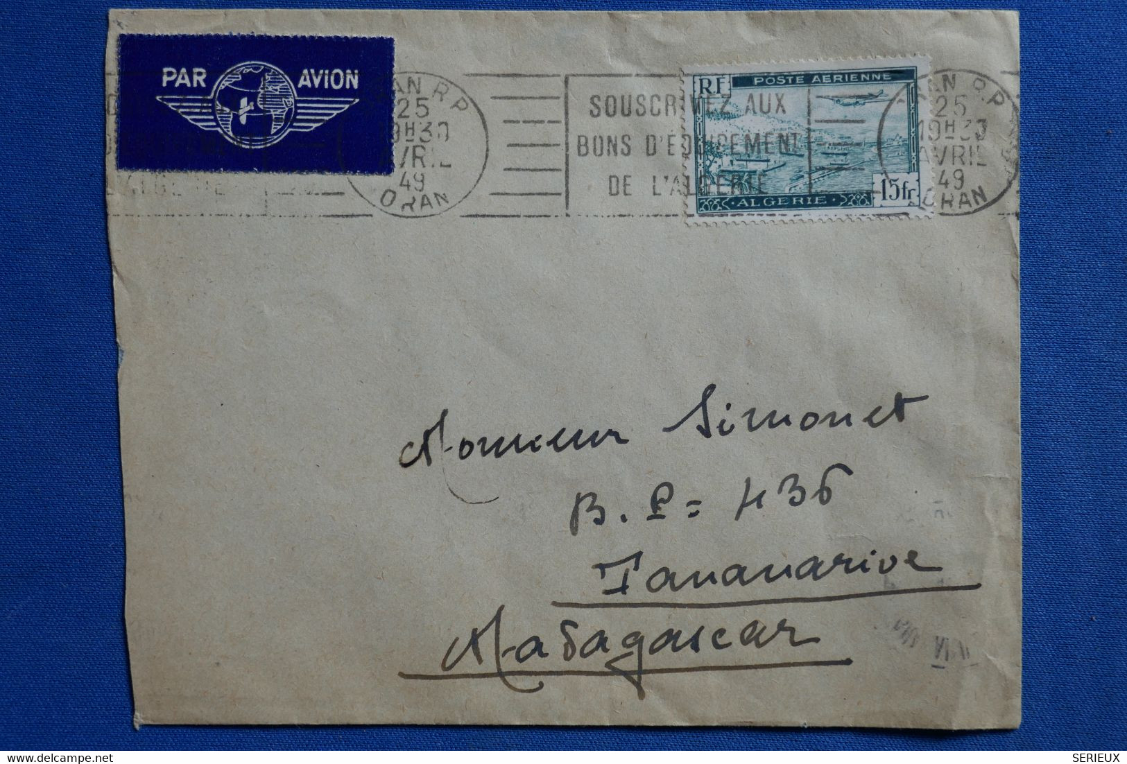 X15  AGERIE BELLE LETTRE   1949   ORAN    POUR  TANARIVE MADAGASCAR+ + AFFRANCHISSEMENT INTERESSANT - Poste Aérienne