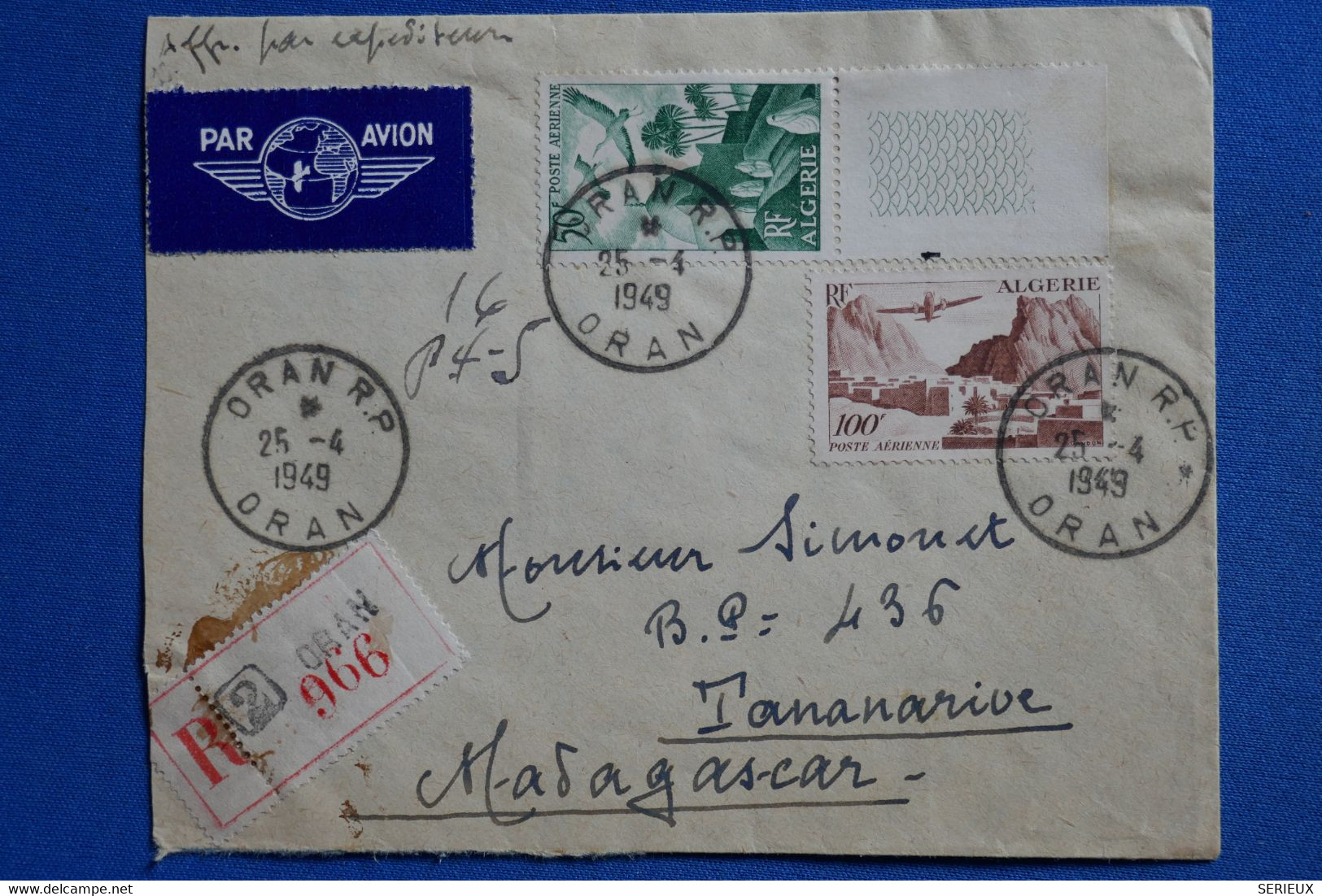 X15  AGERIE BELLE LETTRE RECOM.  1949   ORAN    POUR  TANARIVE MADAGASCAR+ + AFFRANCHISSEMENT INTERESSANT - Poste Aérienne