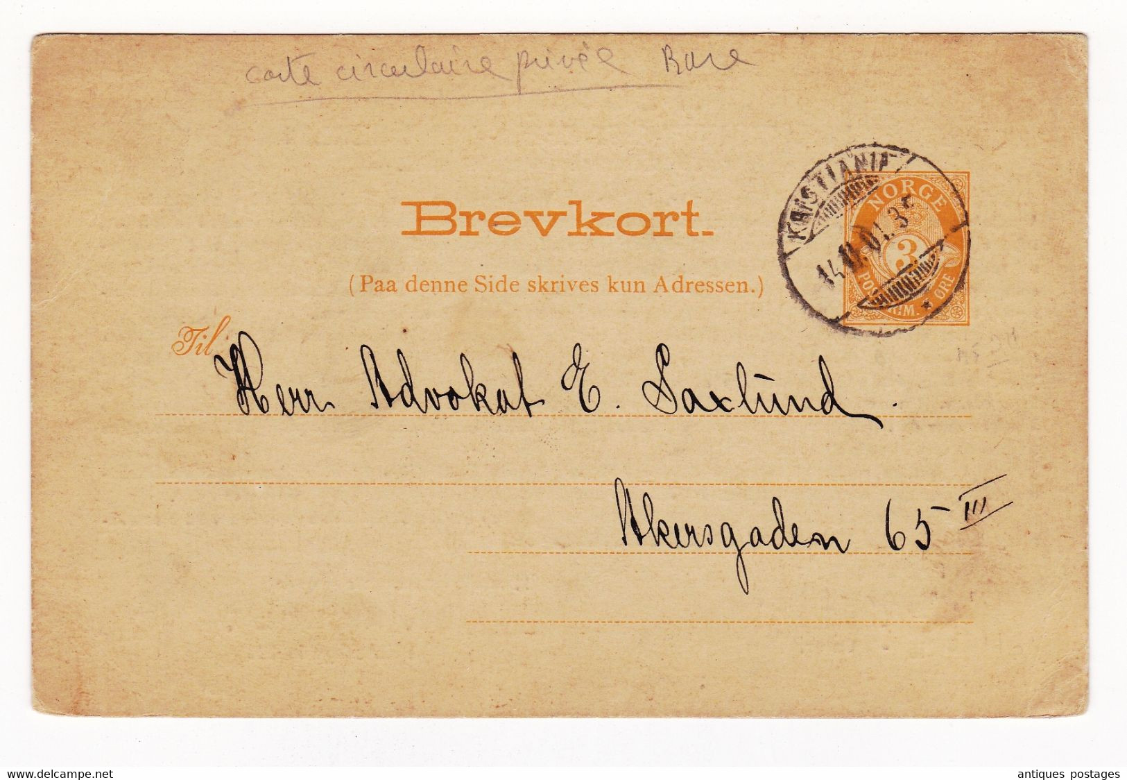 Entier Postal Brevkort Norge Carte Circulaire Privée Kristiania Oslo 1901 Securitas Forsikrings Aktieselskab Berlin - Enteros Postales