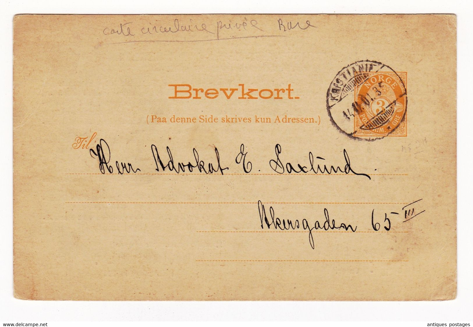 Entier Postal Brevkort Norge Carte Circulaire Privée Kristiania Oslo 1901 Securitas Forsikrings Aktieselskab Berlin - Postal Stationery