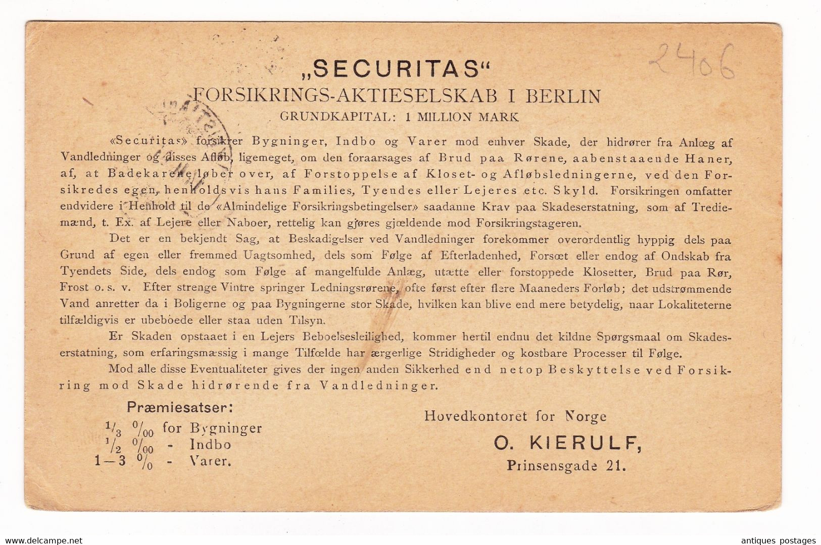 Entier Postal Brevkort Norge Carte Circulaire Privée Kristiania Oslo 1901 Securitas Forsikrings Aktieselskab Berlin - Entiers Postaux