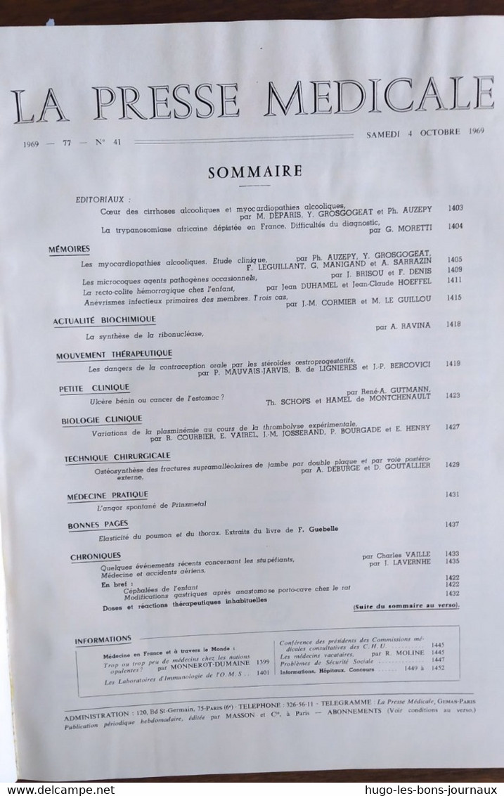 La Presse Médicale_Tome 77_n°41_octobre 1969_Masson Et Cie - Medicina & Salute