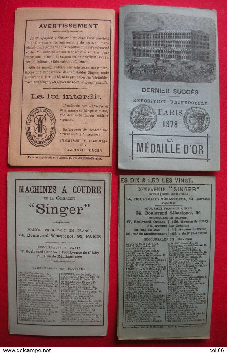 1877-1882 Lot 4 Publicités Machine à Coudre Singer  Illustrés Exposition Universelle Paris 1878 Nähmaschine Tarifs - 1800 – 1899