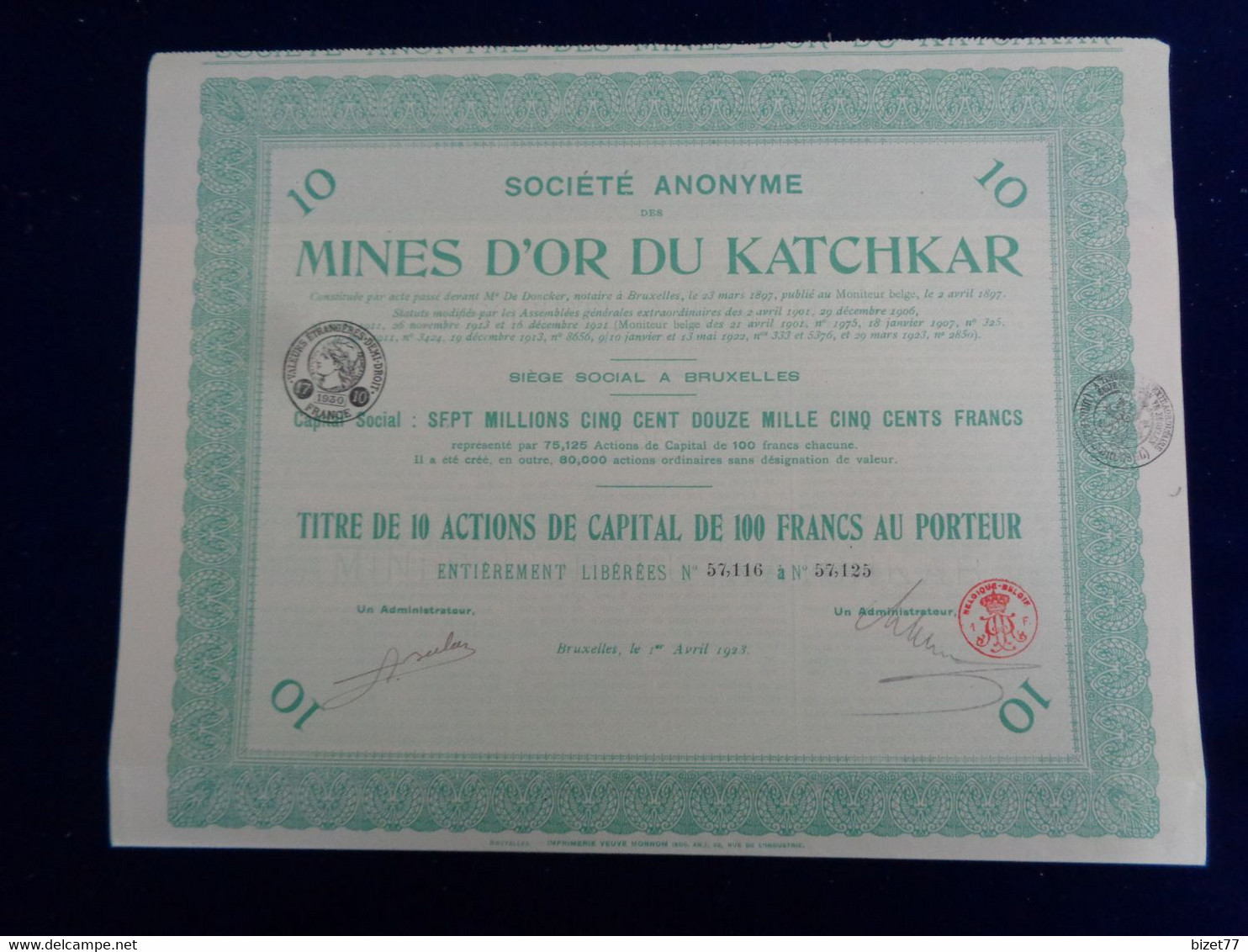 RUSSIE - SA DES MINES D'OR DU KATCHKAR - TITRE DE 10 ACTIONS DE 100FRS - BRUXELLES 1923 - Other & Unclassified