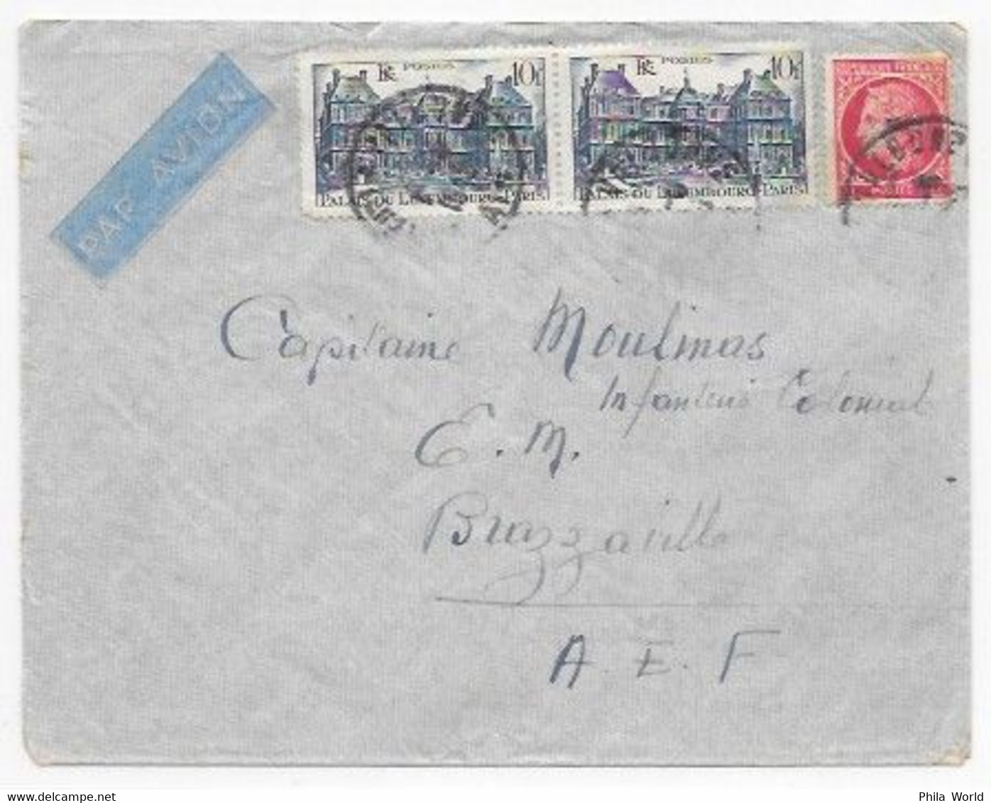 FRANCE 2x 10F Palais Luxembourg Et 1F Cérès MAZELIN OBL Valbonne Ain S/L PAR AVION Pour BRAZZAVILLE AEF - 1945-47 Ceres De Mazelin