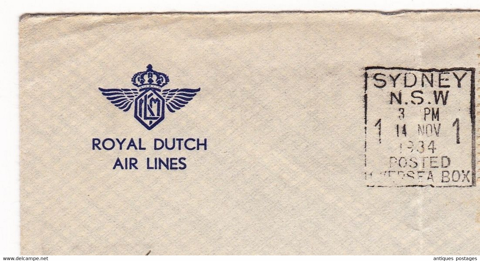 Sydney 1934 Australie Australia Royal Dutch Air Lines Airways Amsterdam Holland K.L.M. Liner " Uiver " P.H.A.J.U. - Covers & Documents