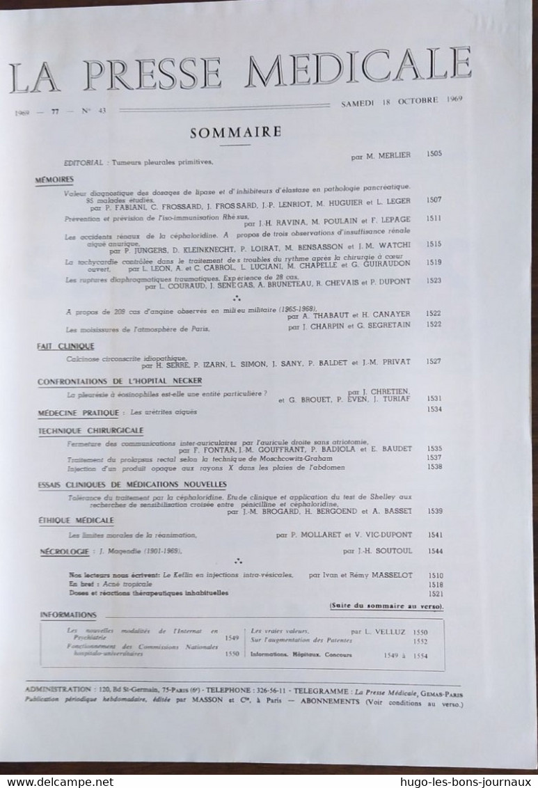 La Presse Médicale_Tome 77_n°43_octobre 1969_Masson Et Cie - Medicina & Salute