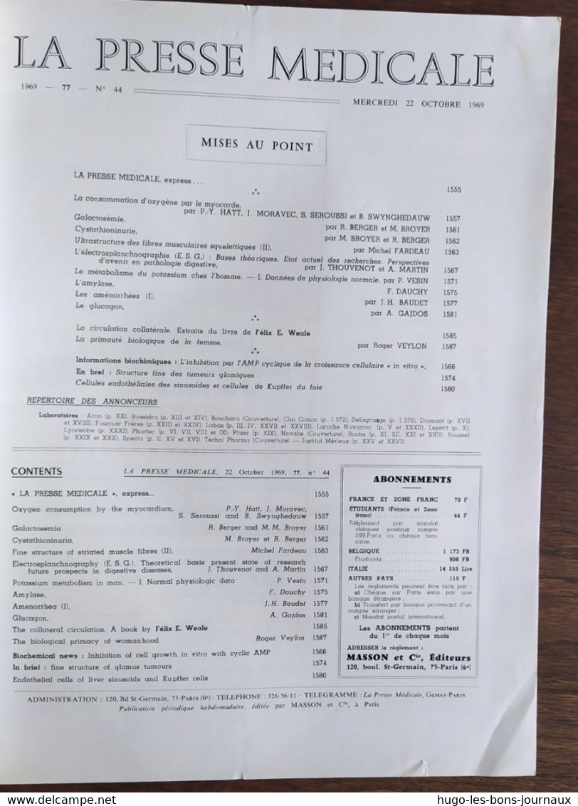 La Presse Médicale_Tome 77_n°44_octobre 1969_Masson Et Cie - Medicina & Salute