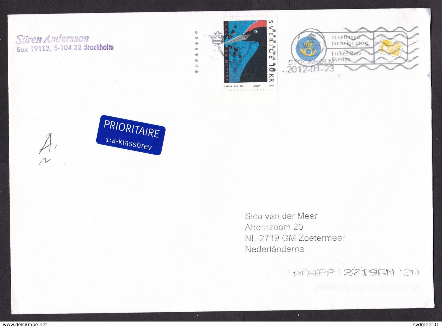 Sweden: Stationery Cover To Netherlands, 2012, Extra Stamp, Woodpecker Bird, Europa, Priority Label (traces Of Use) - Brieven En Documenten