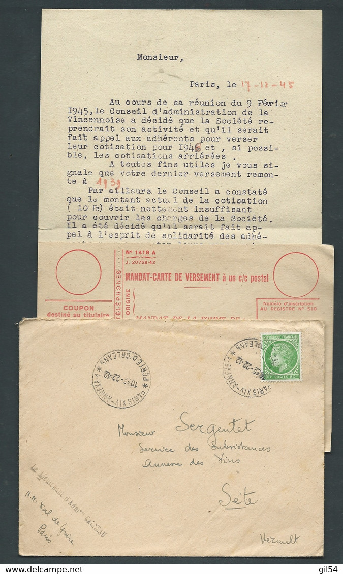 LAC Affr / MAURY  N°675 Oblit.Paris XIV- Annexe . 1 Porte D'Orléans 22/12/1945   - Malc 9701 - 1945-47 Ceres Of Mazelin