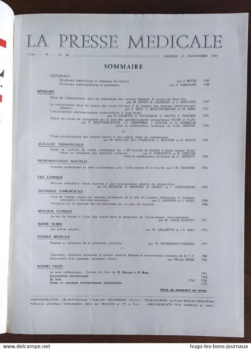 La Presse Médicale_Tome 77_n°48_Novembre 1969_Masson Et Cie - Geneeskunde & Gezondheid