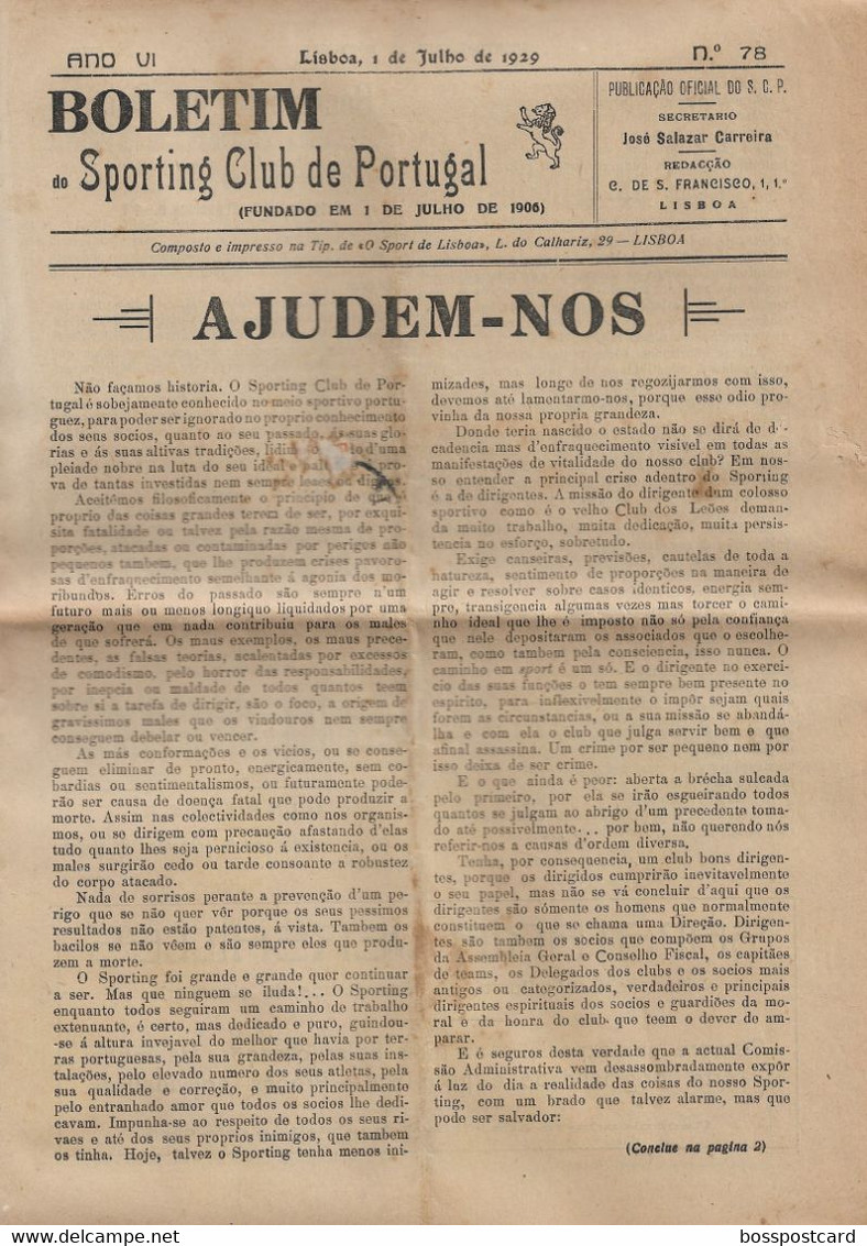 Lisboa - Boletim Do Sporting Clube De Portugal Nº 78, 1 De Julho De 1929 (16 Páginas) - Jornal - Futebol - Estádio - Sport