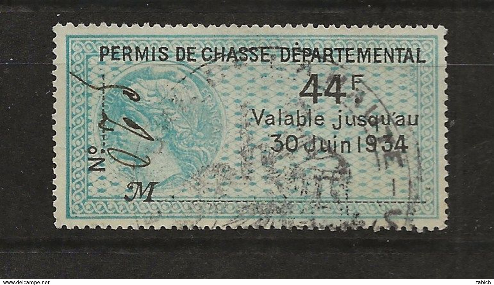 FISCAUX DE FRANCE  PERMIS DE CHASSE N°19  44F BLEU 1934 - Other & Unclassified