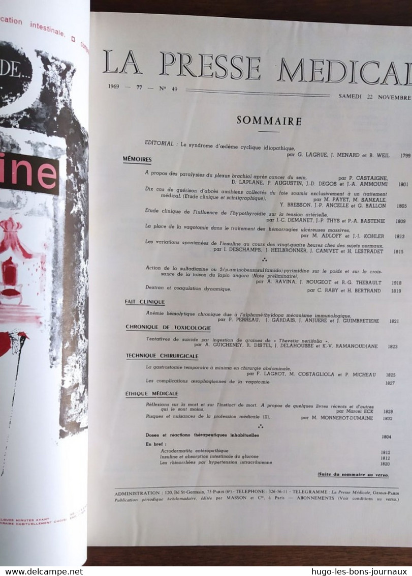 La Presse Médicale_Tome 77_n°49_Novembre 1969_Masson Et Cie - Médecine & Santé