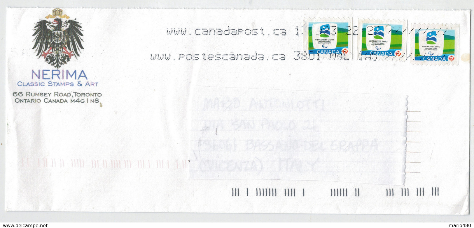 LETTERA   DAL   CANADA'       PER  BASSANO  DEL  GRAPPA  (VI)                (VIAGGIATA) - Andere & Zonder Classificatie