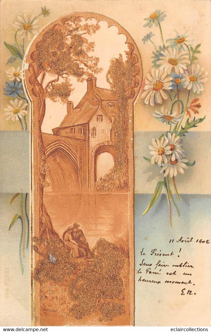 Thème. Carte Postale  Gaufrée Arbres En Relief à Décor Bois . Rivière  Pont  Maison  (voir Scan) - Otros & Sin Clasificación