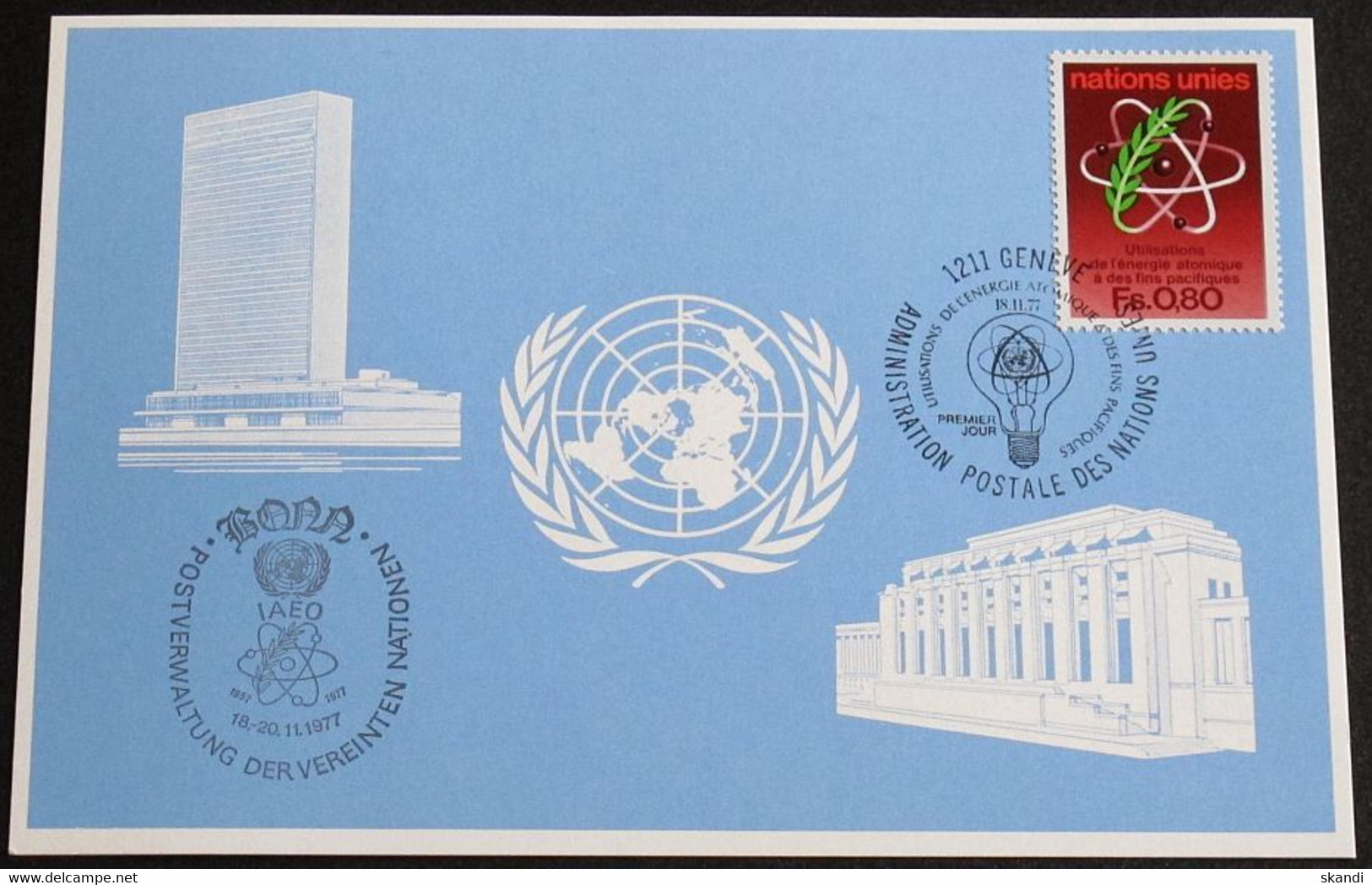 UNO GENF 1977 Mi-Nr. 59 Blaue Karte - Blue Card Mit Erinnerungsstempel BONN - Cartas & Documentos