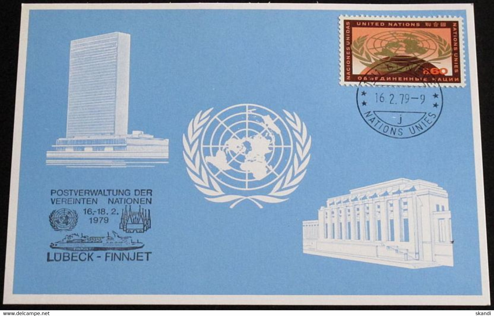 UNO GENF 1979 Mi-Nr. 73 Blaue Karte - Blue Card Mit Erinnerungsstempel LÜBECK - FINNJET - Cartas & Documentos