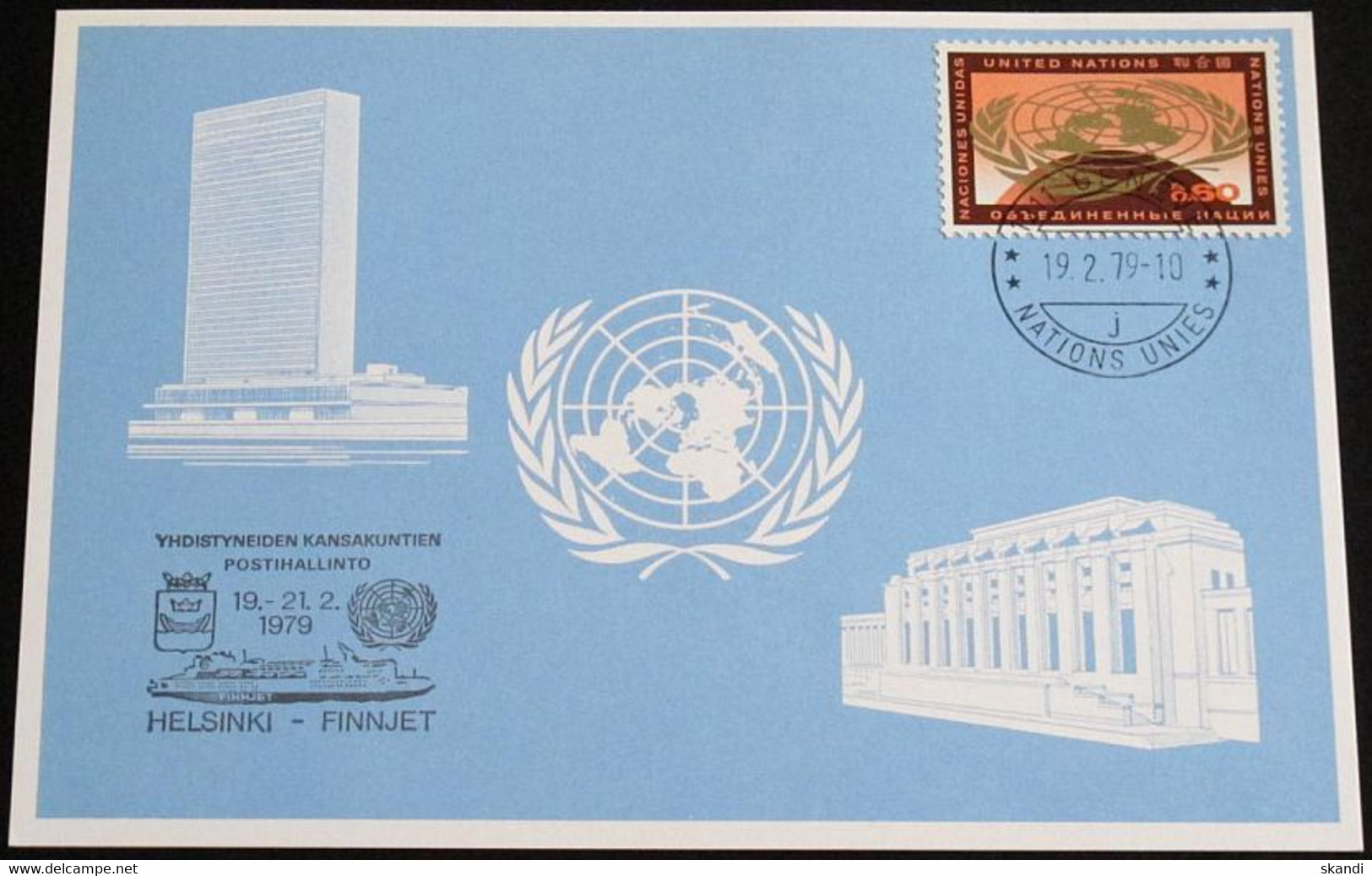 UNO GENF 1979 Mi-Nr. 74 Blaue Karte - Blue Card Mit Erinnerungsstempel HELSINKI - FINNJET - Brieven En Documenten