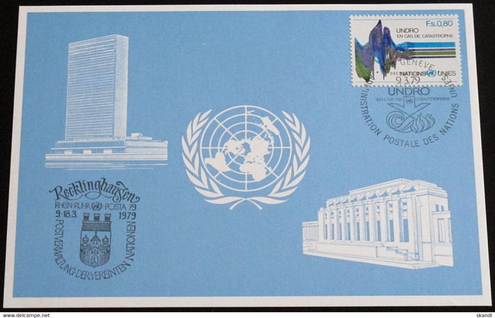 UNO GENF 1979 Mi-Nr. 75 Blaue Karte - Blue Card Mit Erinnerungsstempel RHEIN-RUHR POSTA 79 RECKLINGHAUSEN - Cartas & Documentos