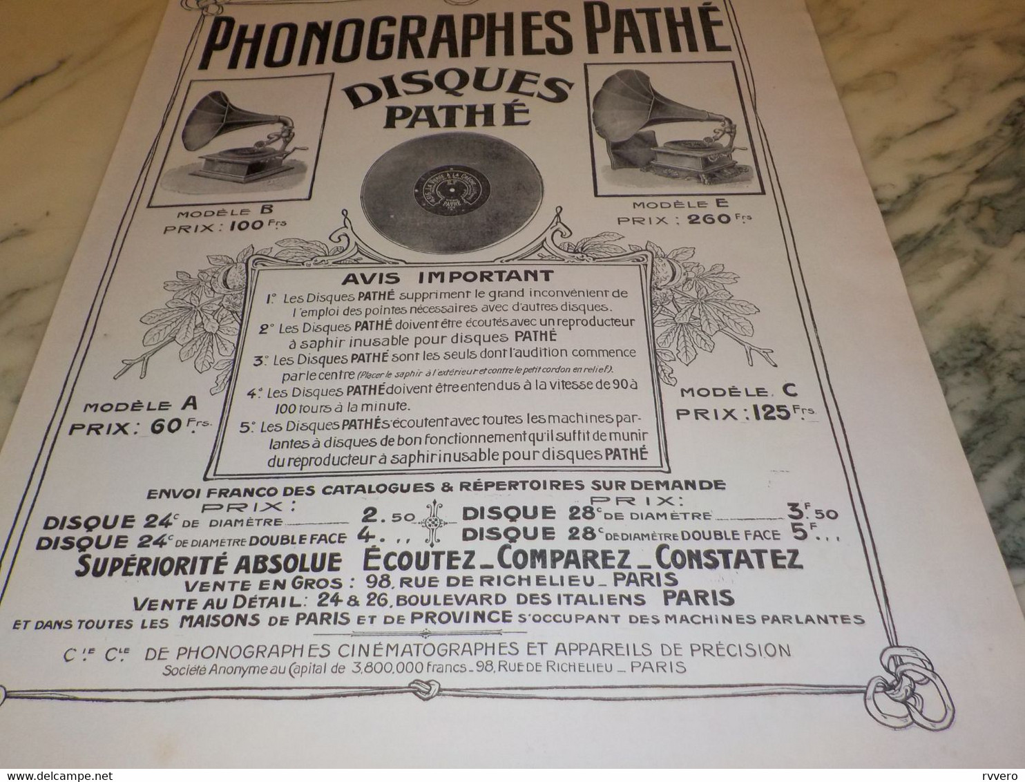 ANCIENNE PUBLICITE PHONOGRAPHES DE PATHE 1906 - Affiches & Posters