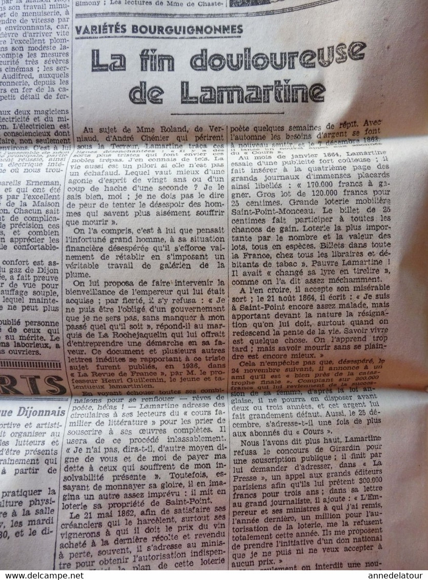 1939  LE PROGRES  :La Fin Douloureuse De LAMARTINE ; 28e Chapitre Des Chevaliers Du Tastevin à Nuits-Saint-Georges ;etc - Informations Générales