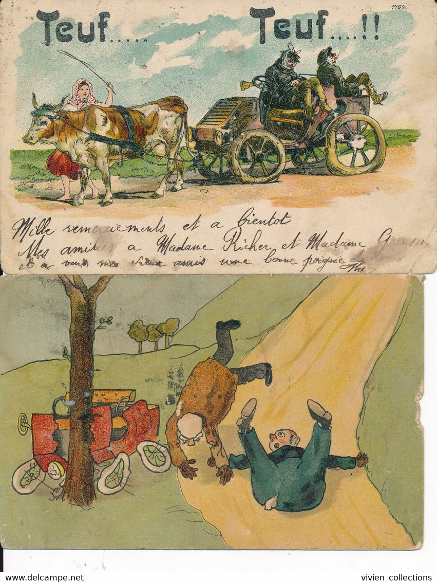 Carte Fantaisie Illustrateur Pour Se Moquer Des Automobiles Char A Bœuf Tirant Une Auto Accidentée Et Un Accident 1904/6 - Fernel