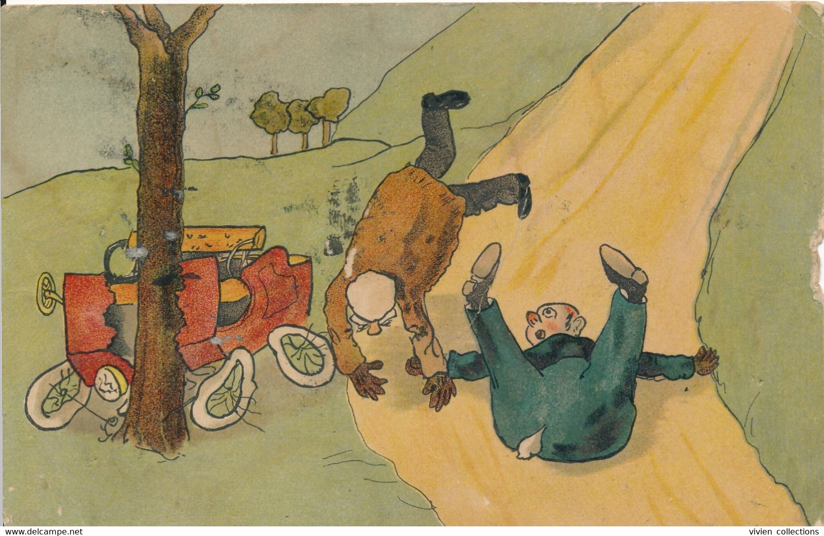 Carte Fantaisie Illustrateur Pour Se Moquer Des Automobiles Char A Bœuf Tirant Une Auto Accidentée Et Un Accident 1904/6 - Fernel