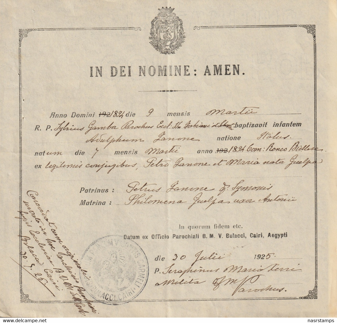 Egypt - 1925 - Rare Document - IN SOME APPOINTMENTS: AMEN - Bulacci, Cairo - Briefe U. Dokumente