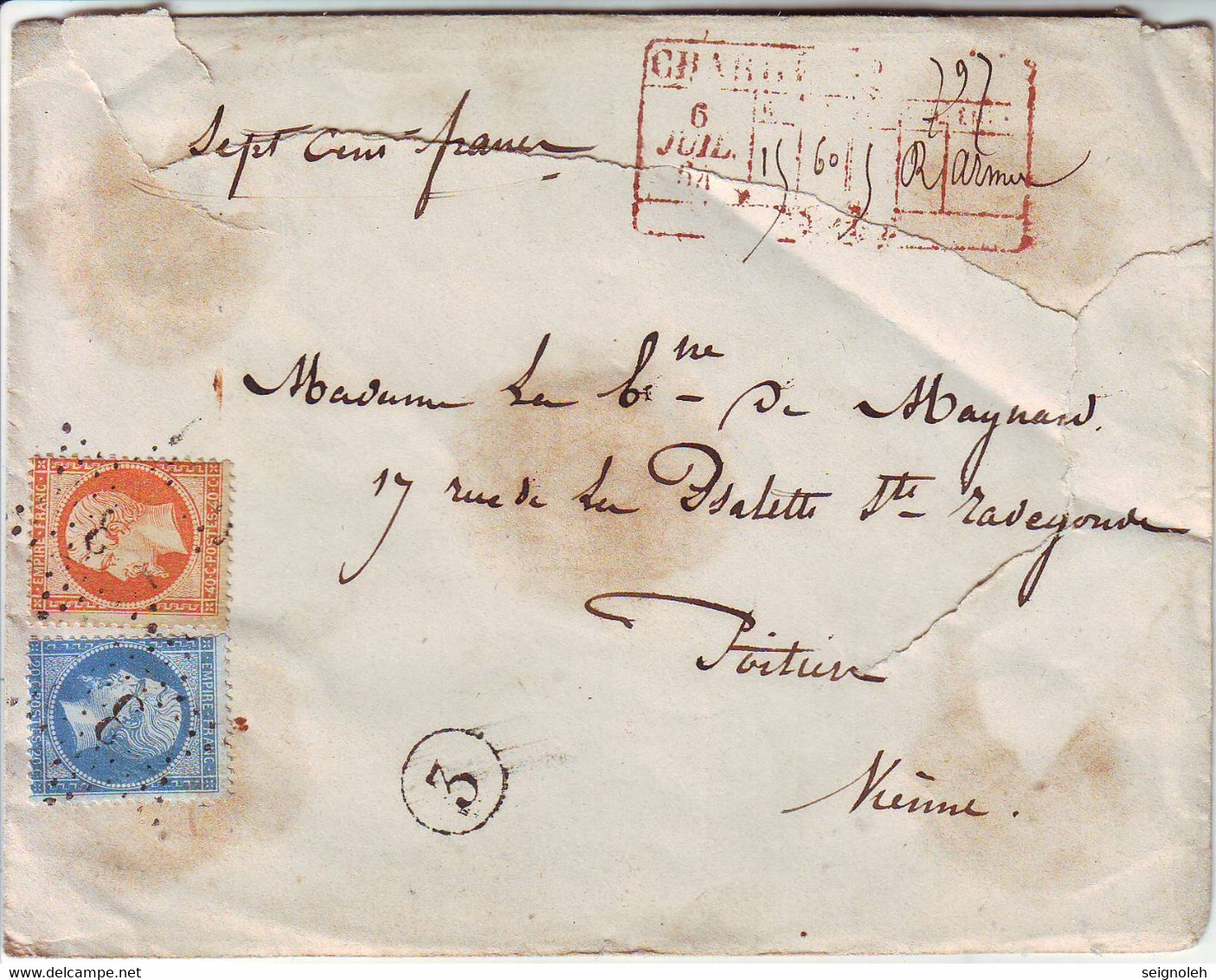 N° 22 Et 23 Obl Etoile 3 De PARIS Sur Lettre CHARGE Pour Poitiers 1864 , AB , Descriptif Au Recto - 1849-1876: Klassieke Periode