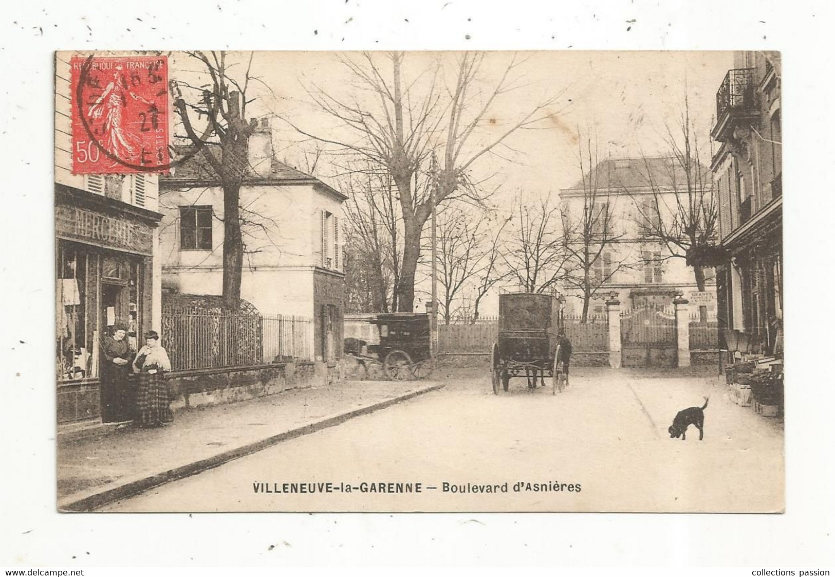 Cp , 92 ,  VILLENEUVE LA GARENNE , Boulevard D'ASNIERES ,commerce ,mercerie , Attelages , Voyagée 1927 - Villeneuve La Garenne