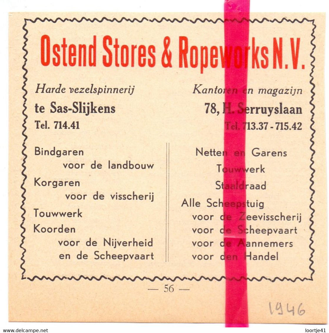 Orig. Knipsel Coupure Tijdschrift - Pub Reclame - Ostende Oostende - Stores & Ropeworks NV - 1946 - Non Classés