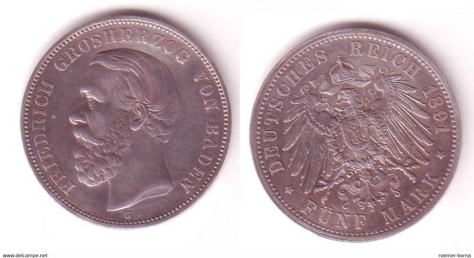5 Mark Silber Münze Baden A Ohne Querstrich 1891 G F.vz/vz (107525) - 2, 3 & 5 Mark Argent