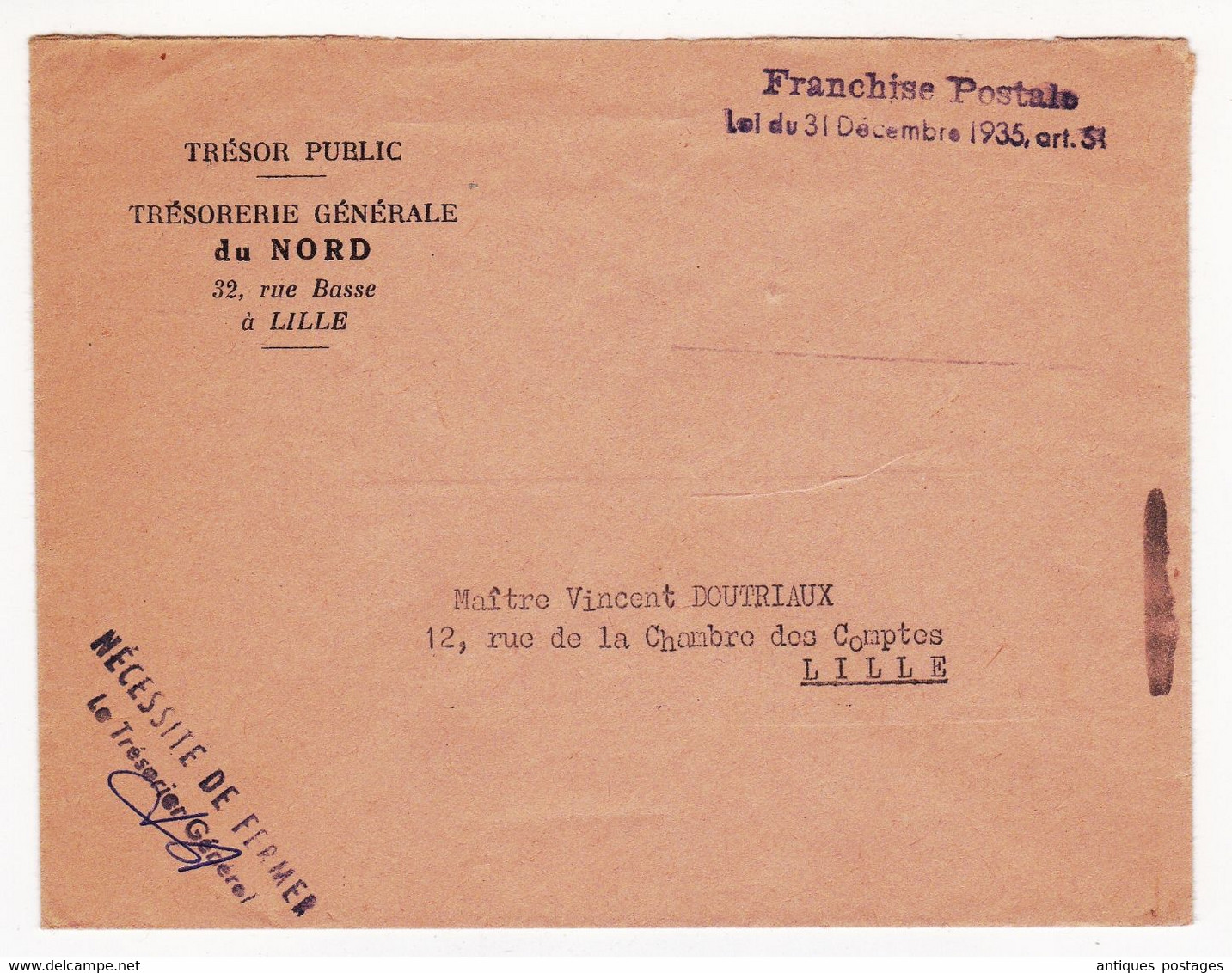 Lettre 1935 Trésor Public Impots Lille Nord Franchise Postale Nécessité De Fermer Le Trésorier Général - Civil Frank Covers