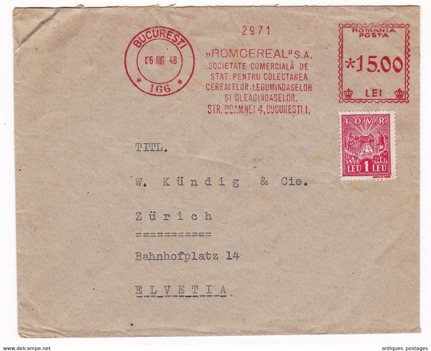 Lettre 1948 Roumanie Romania Posta Romcereal Bucarest Bucaresti Zürich Suisse W. Kündig - Cartas & Documentos