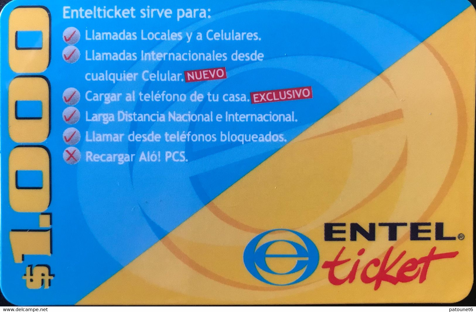 CHILI  -  Recharge  -  ENTEL Ticket  -  $ 1.000 - Chile