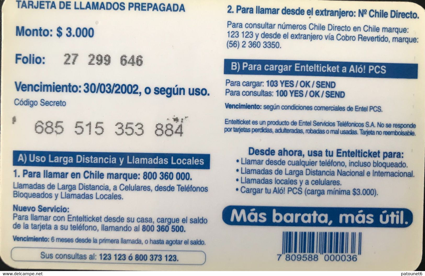 CHILI  -  Recharge  -  ENTEL Ticket  -  $ 3.000 - Chili