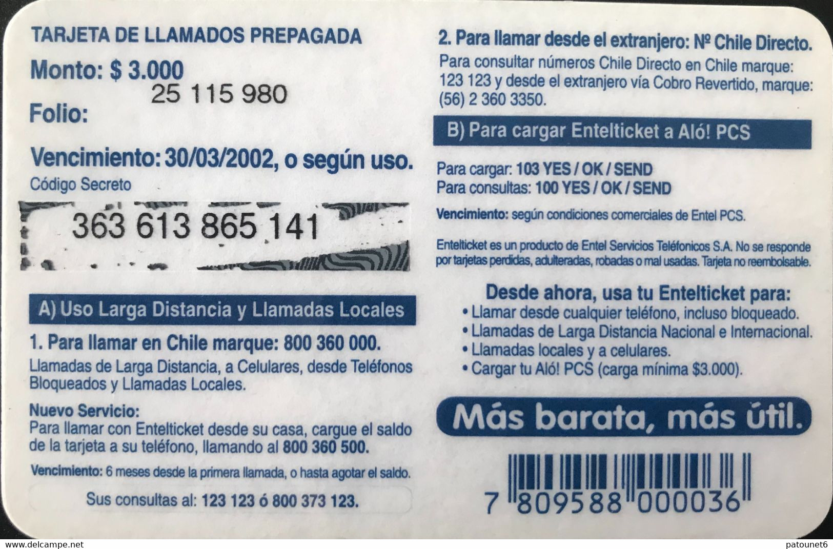 CHILI  -  Recharge  -  ENTEL Ticket  -  $ 3.000 - Chili