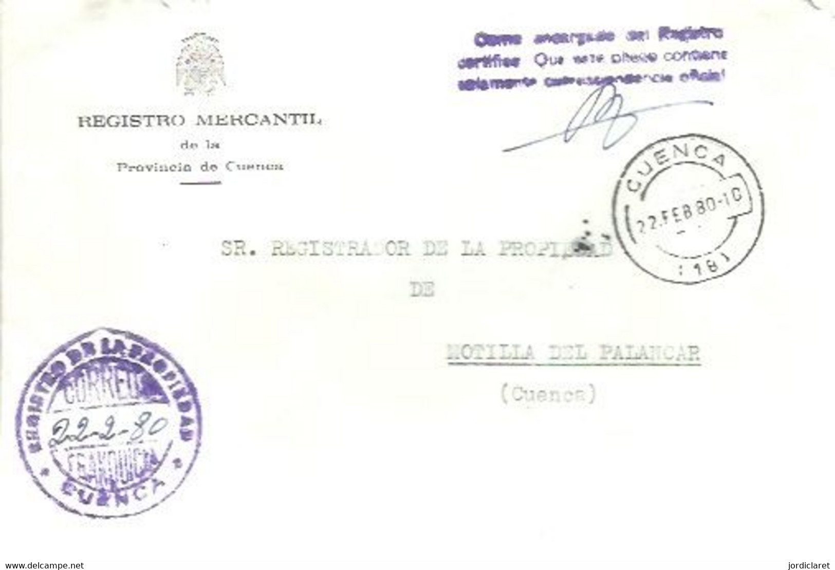 REGISTRO MERCANTIL   CUENCA 1980 - Vrijstelling Van Portkosten