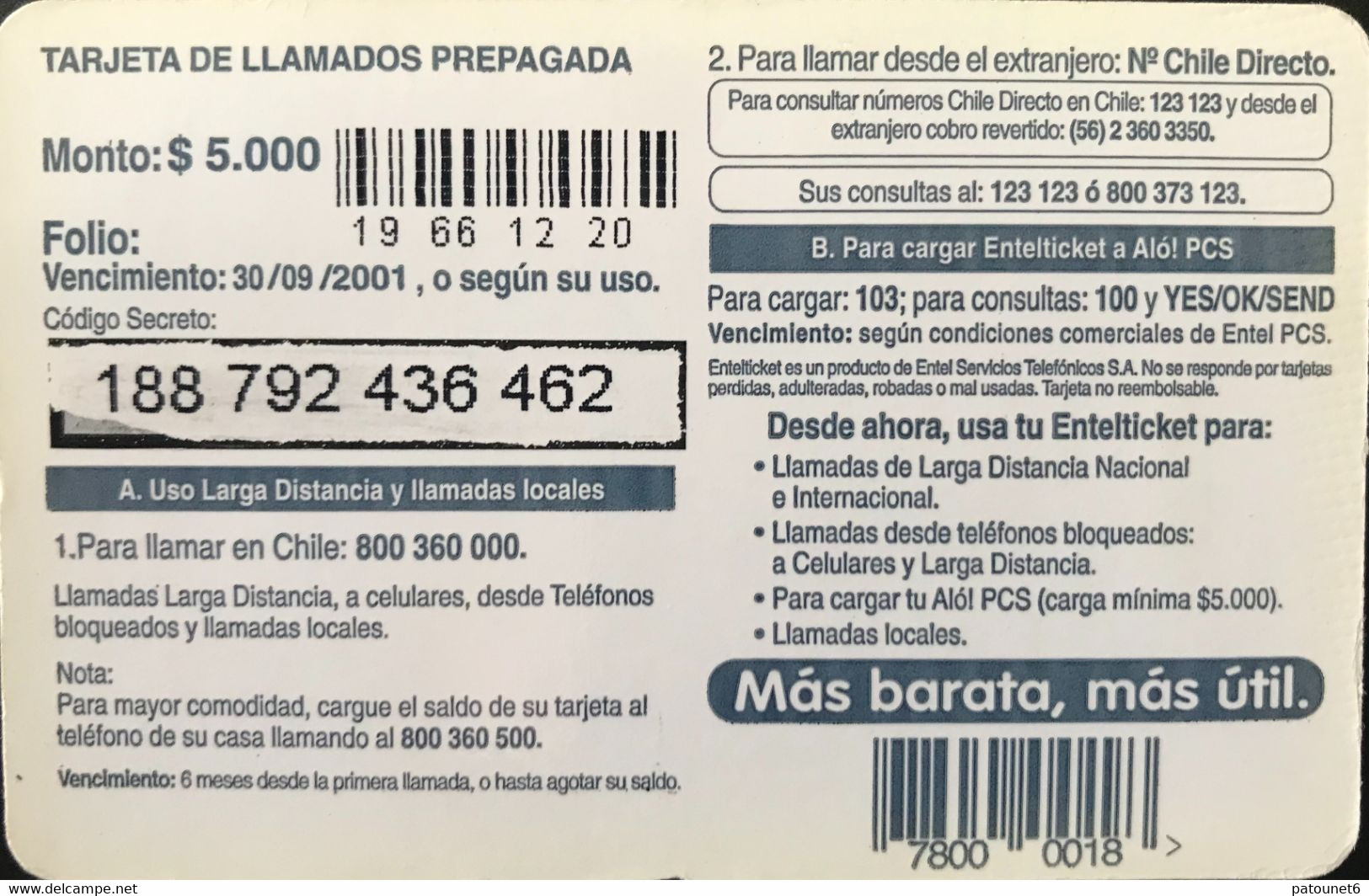 CHILI  -  Recharge  -  ENTEL Ticket  -  $ 5.000 - Chili