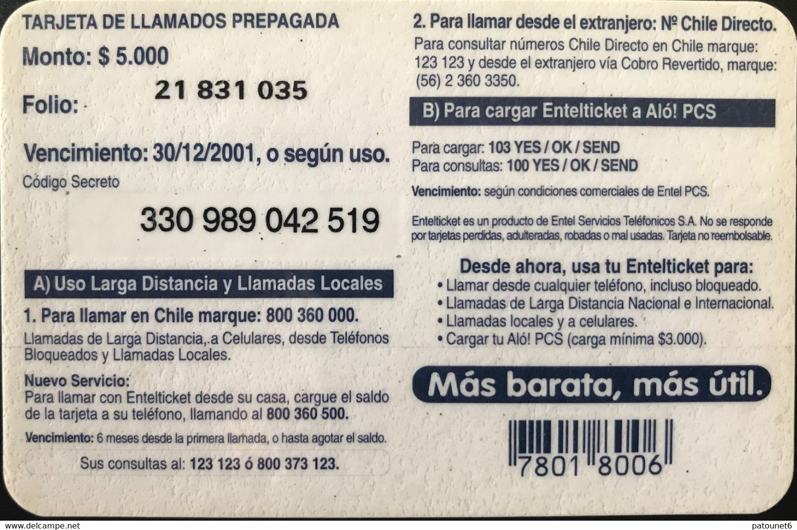 CHILI  -  Recharge  -  ENTEL Ticket  -  $ 5.000 - Cile