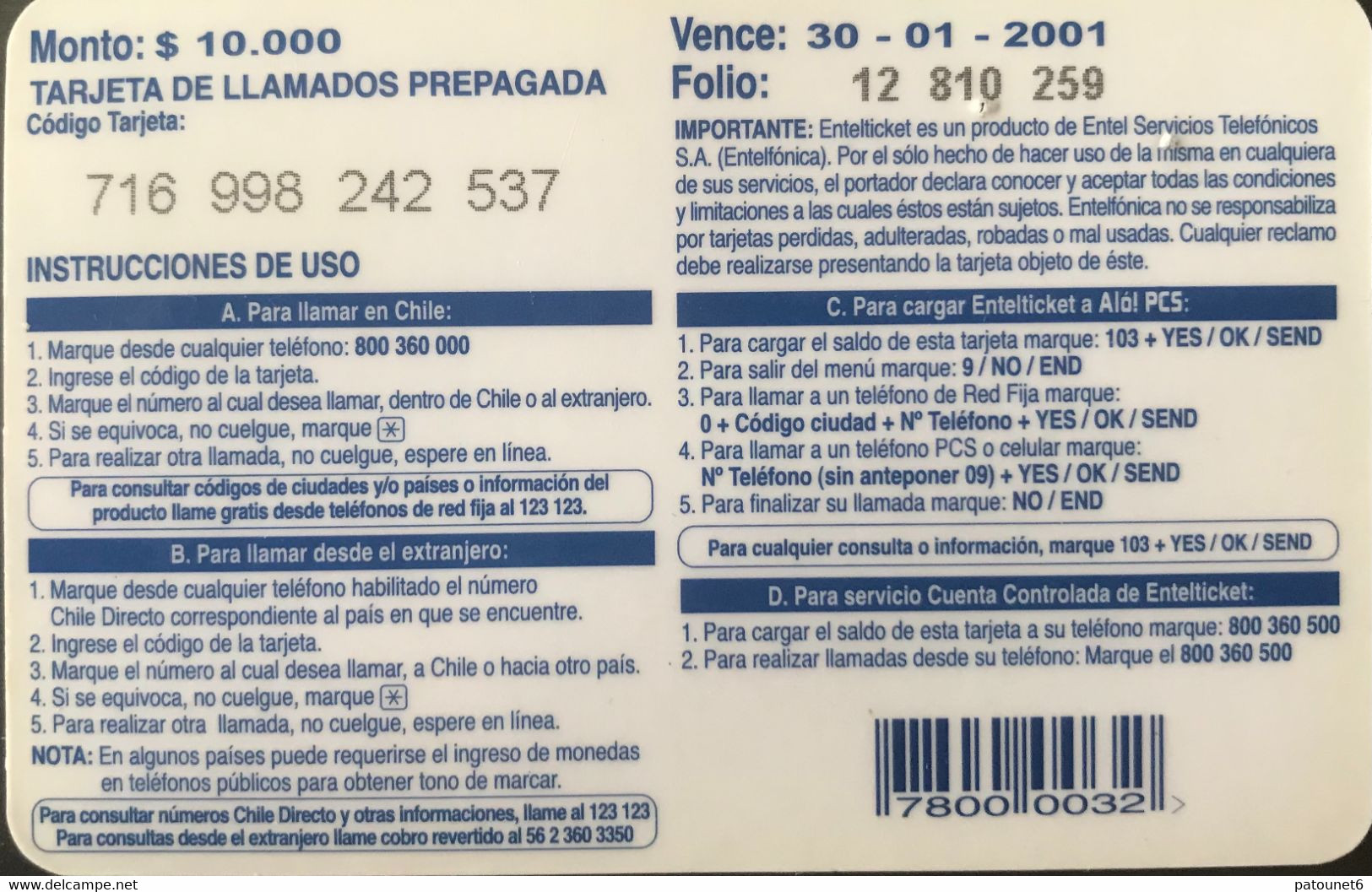 CHILI  -  Recharge  -  ENTEL Ticket  -  $ 10.000 - Chili