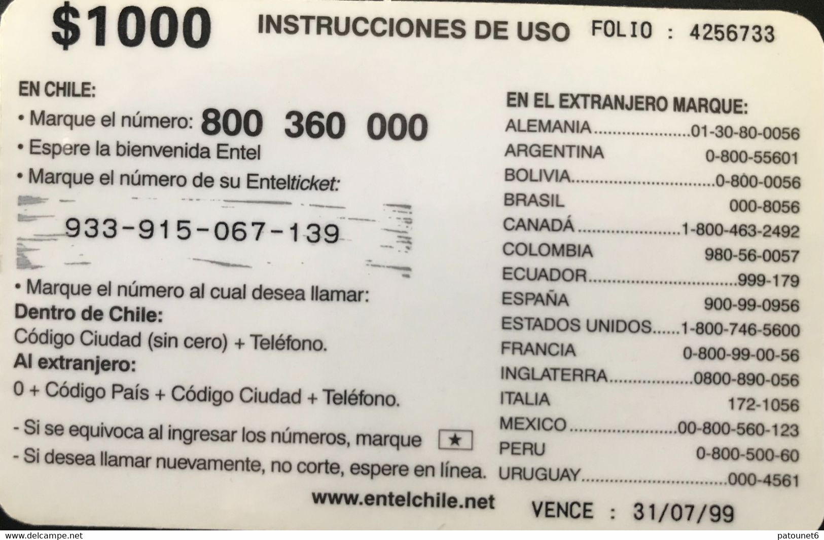 CHILI  -  Recharge  -  ENTEL Ticket -  Phare  -  $ 1.000 - Chile