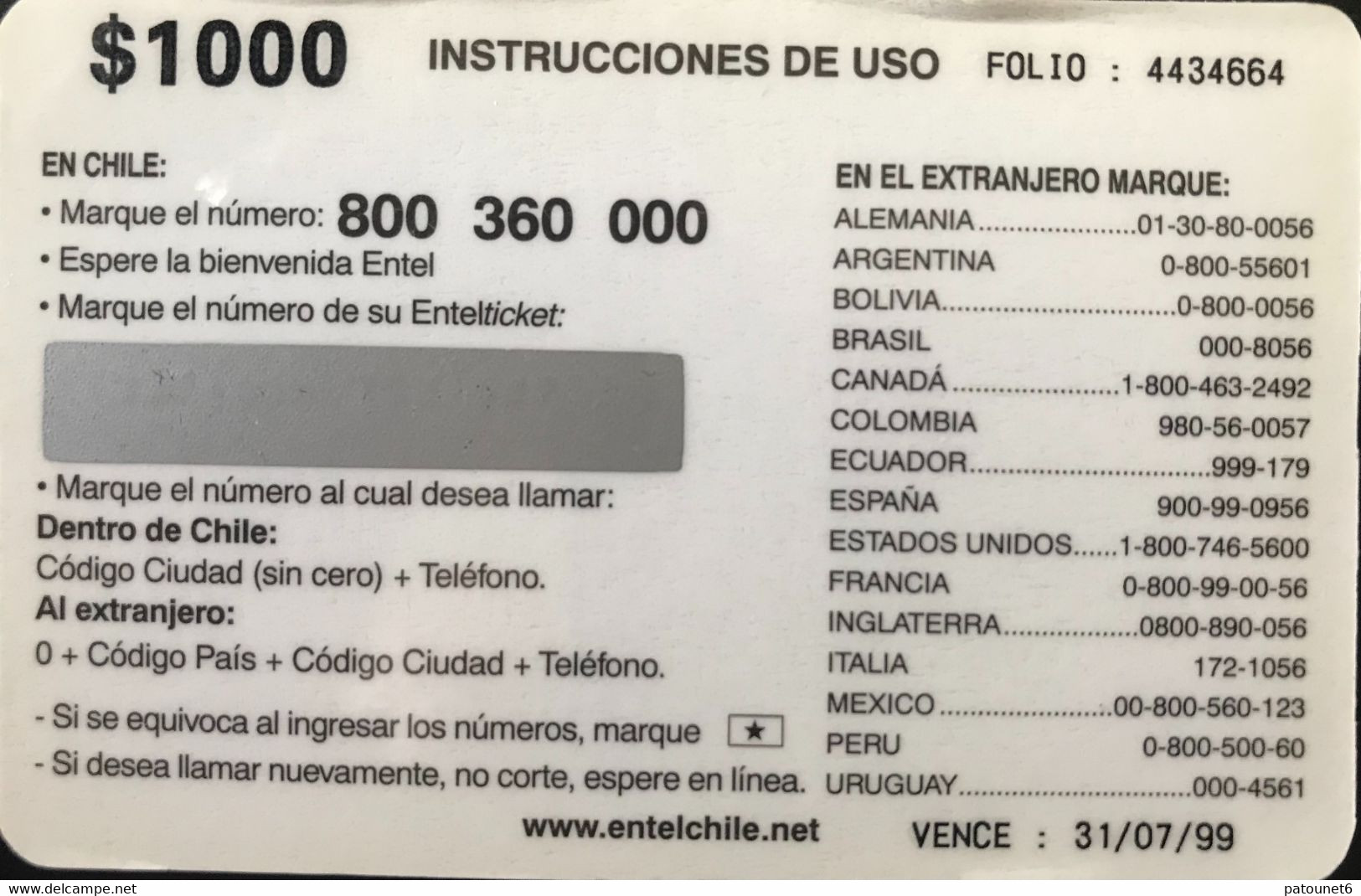 CHILI  -  Recharge  -  ENTEL Ticket -  Phare  -  $ 1.000 - Chile