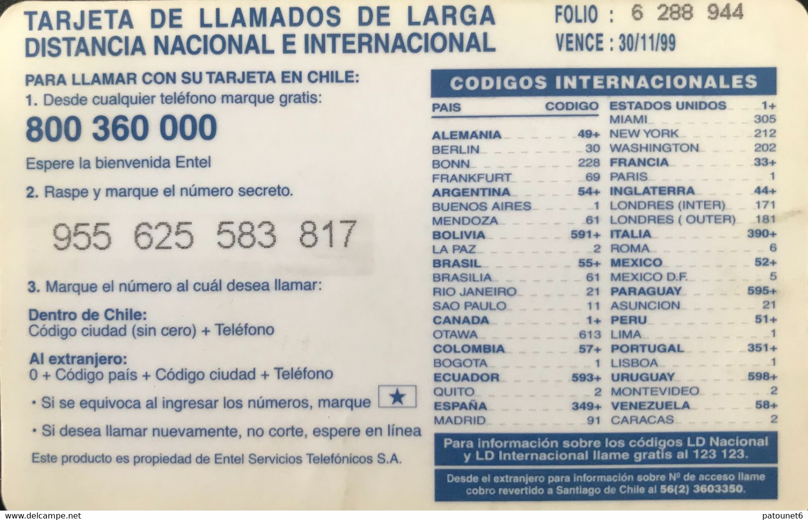 CHILI  -  Recharge  -  ENTEL Ticket -  Phare  -  $ 1.000 - Chili