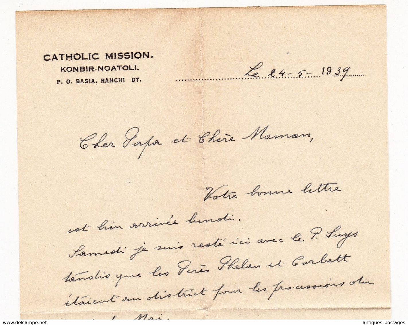 Lettre 1939 Inde India Catholic Mission Konbir Noatoli Basia Ranchi + Correspondance Belgique Visé Martin Notaire - 1936-47 Roi Georges VI