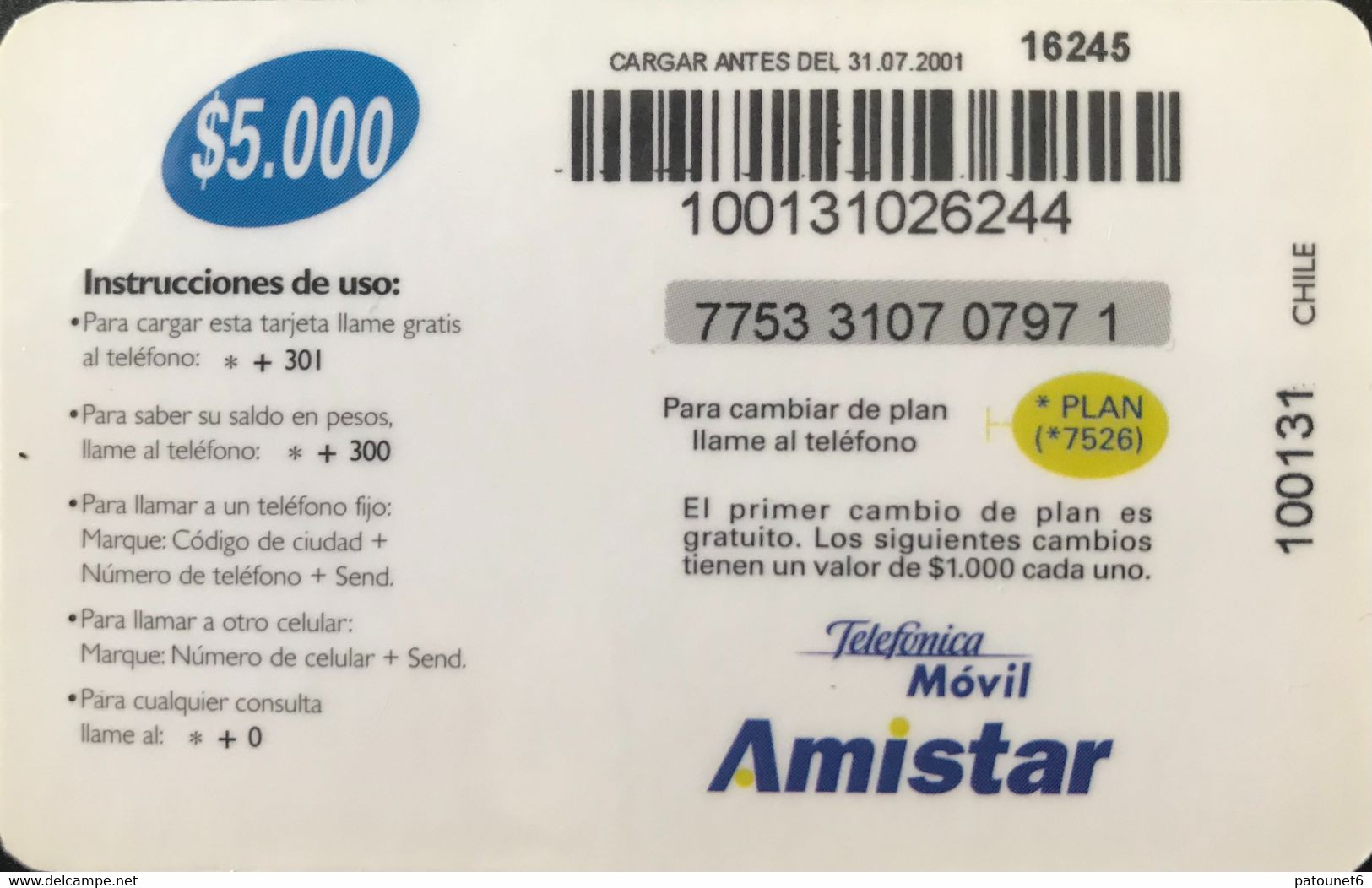 CHILI  -  Recharge  -  Movil - Amistar  -  $ 5.000 - Chile